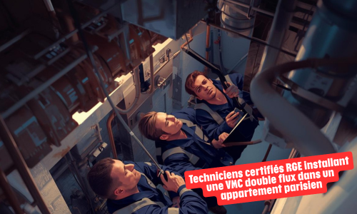 Technicien certifié RGE installant une VMC double flux dans un appartement parisien